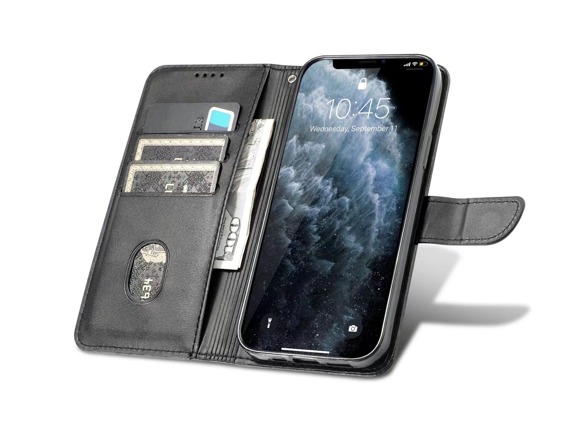 Capa flip em couro para telemóvel com 3 ranhuras para cartões, KX5600, função suporte e proteção contra quedas, compatível com iPhone 14 Pro Max, Preto