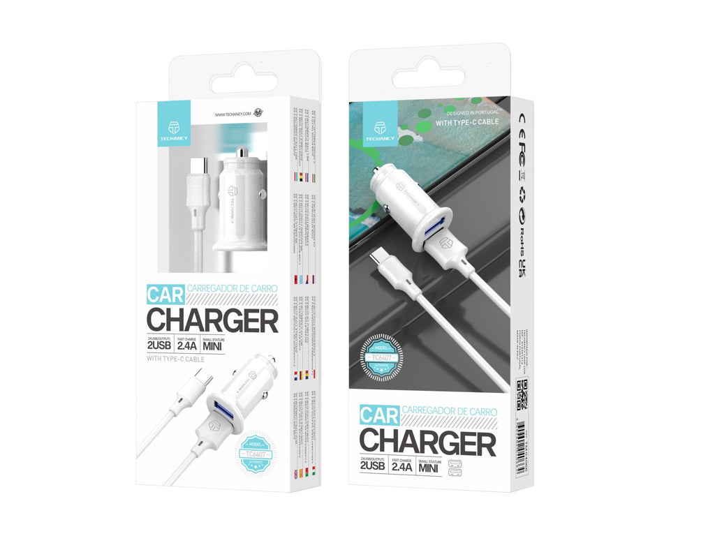 Techancy Carregador De Automóvel Mini  TC6407, Carregamento 2usb 2.4A, Conjunto De Cabos De Dados Usb-Type-C 1m, branco
