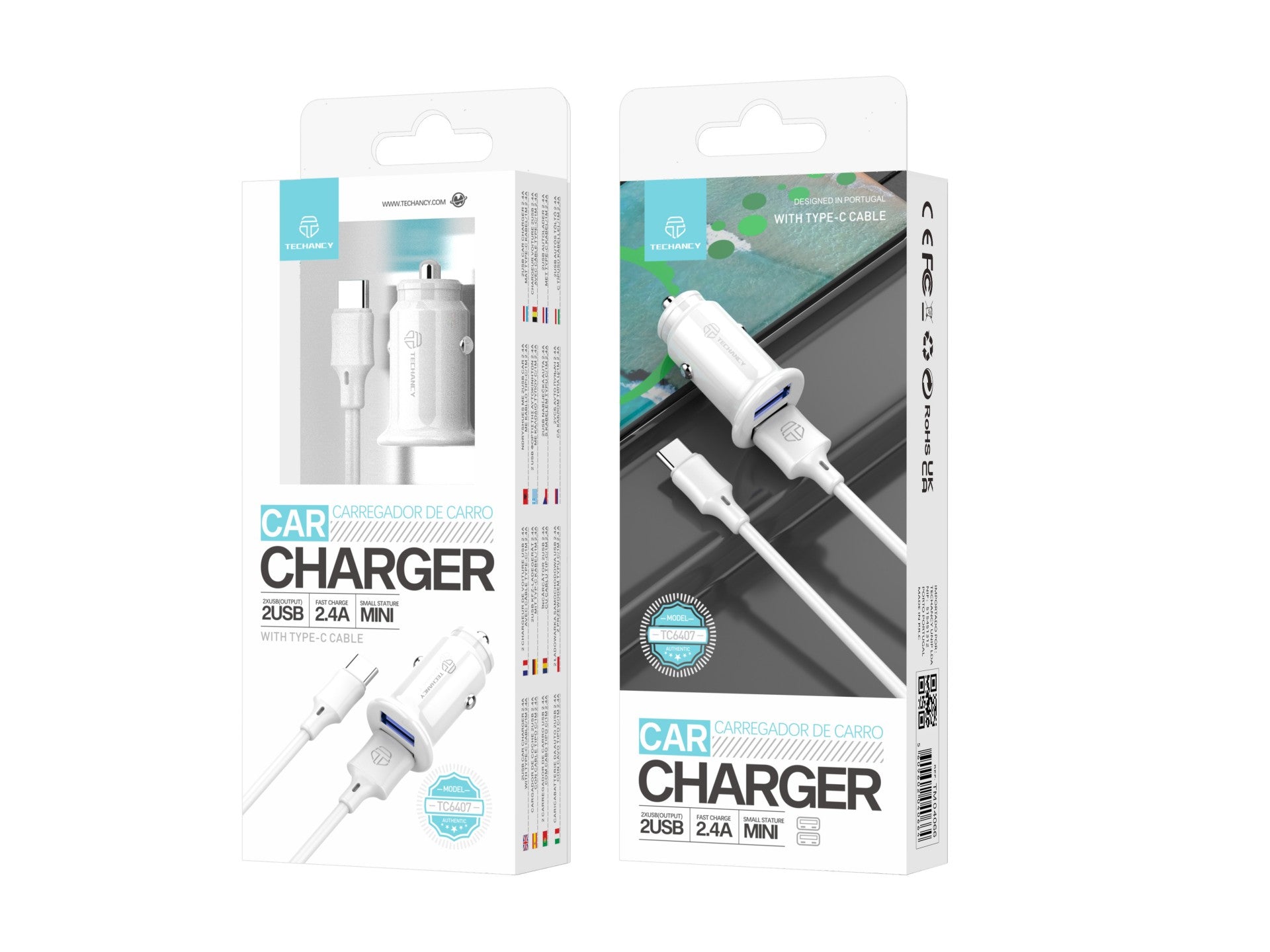 Techancy Carregador De Automóvel Mini  TC6407, Carregamento 2usb 2.4A, Conjunto De Cabos De Dados Usb-Type-C 1m, branco