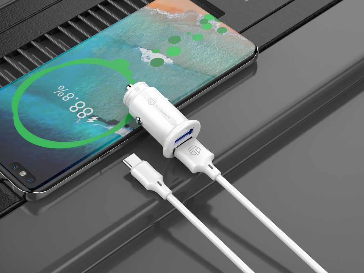Techancy Carregador De Automóvel Mini  TC6407, Carregamento 2usb 2.4A, Conjunto De Cabos De Dados Usb-Type-C 1m, branco