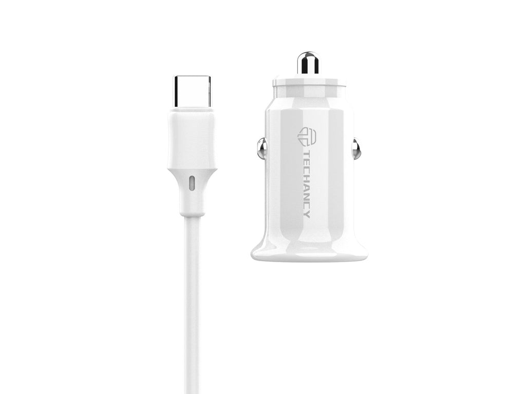 Techancy Carregador De Automóvel Mini  TC6407, Carregamento 2usb 2.4A, Conjunto De Cabos De Dados Usb-Type-C 1m, branco