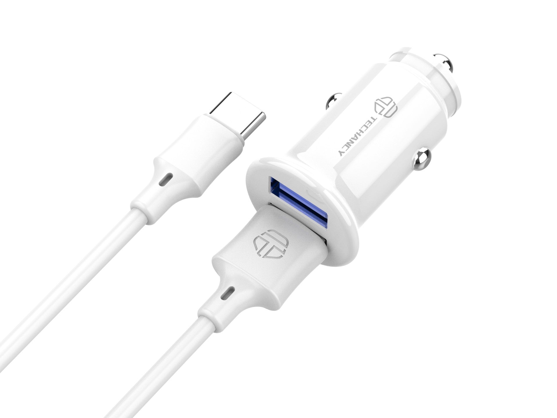 Techancy Carregador De Automóvel Mini  TC6407, Carregamento 2usb 2.4A, Conjunto De Cabos De Dados Usb-Type-C 1m, branco