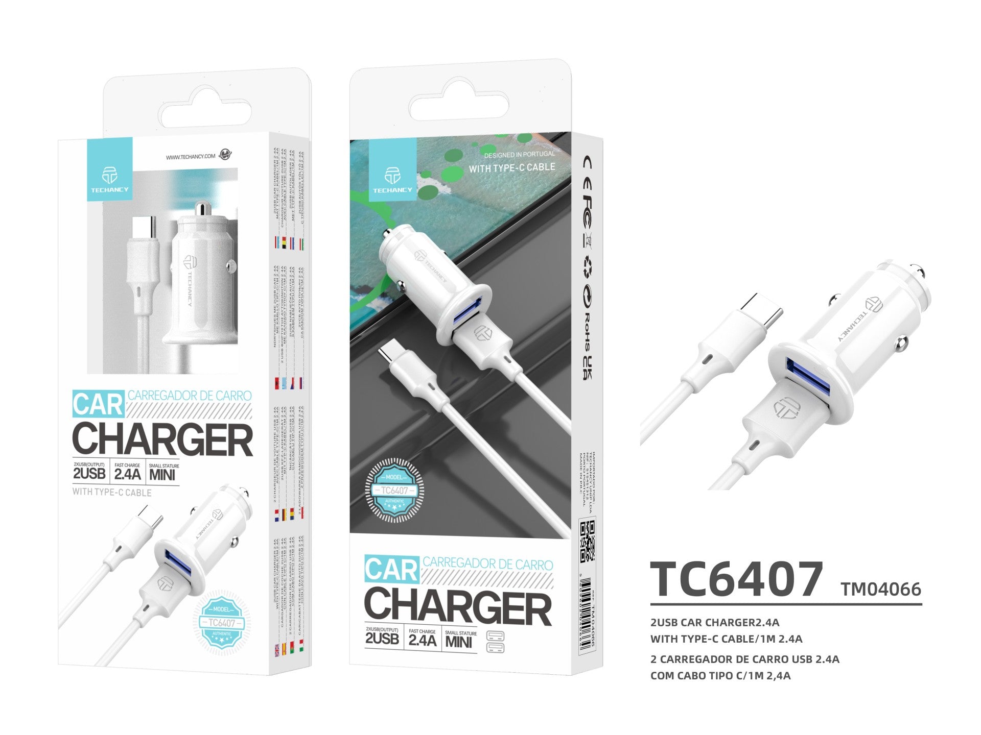 Techancy Carregador De Automóvel Mini  TC6407, Carregamento 2usb 2.4A, Conjunto De Cabos De Dados Usb-Type-C 1m, branco